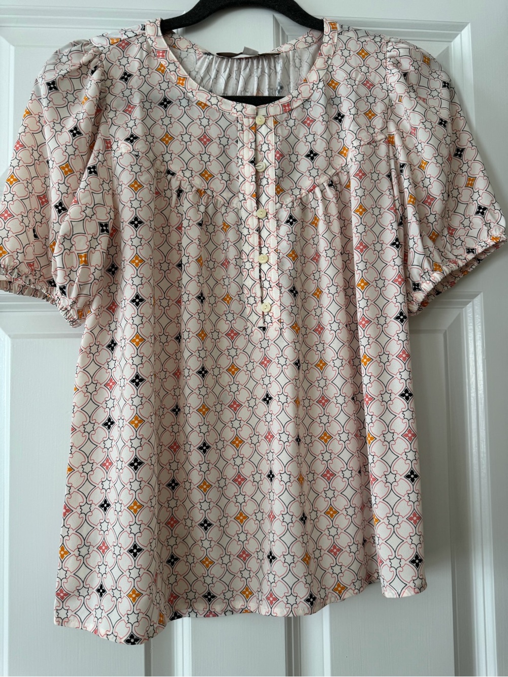 LOFT Pink Patterned Short Sleeve Button-Yoke Blouse